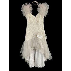 Vintage 1980s Flirtations‎ White Prom Dress Drop Waist Sequin Puffy Sleeve Tulle